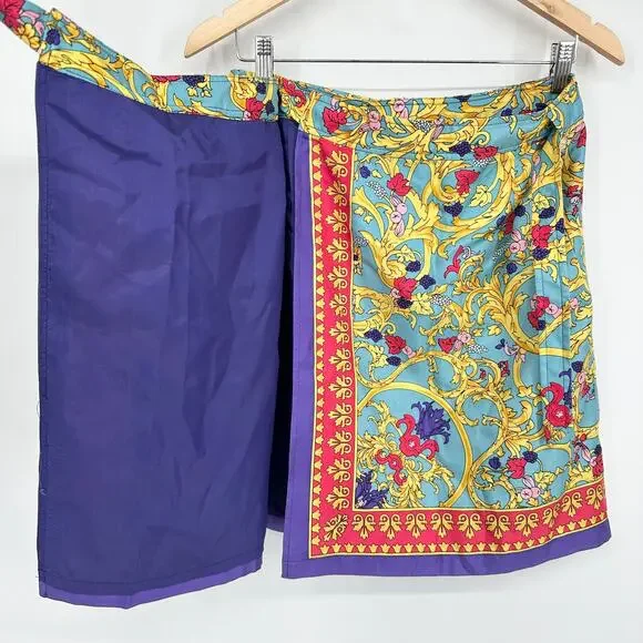 Vintage 90's Silk Mini Skirt Floral Baroque Scarf Print Satin Wrap Sara Campbell - Picture 8 of 10